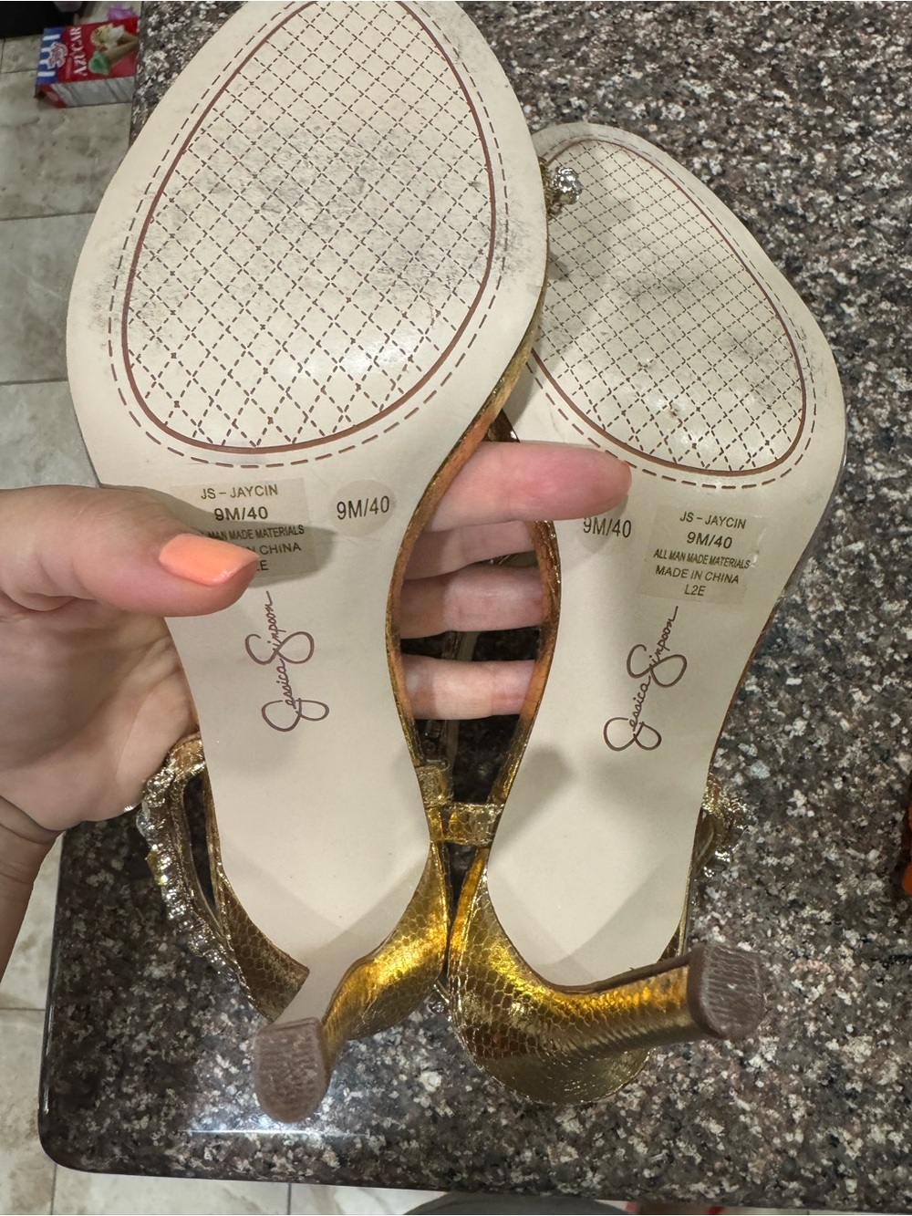 Jessica Simpson Gold Jeweled Strappy Stiletto Sandals - Picture 3 of 4